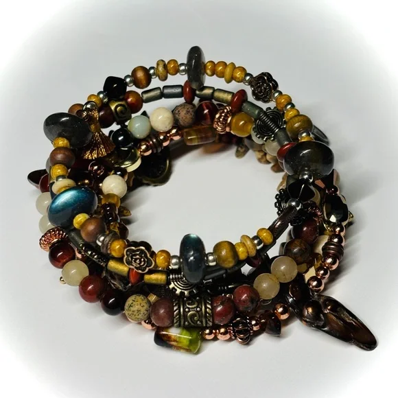 🆕 OOAK Bohemian Bead Mix Memory Wire Wrap Bracelet — Semi Precious Gemstone